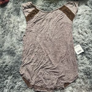 Free People Brown Studded Short Sleeve Top